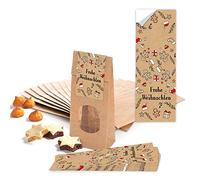 Lot de 10 petits sacs en papier marron avec fond fenêtre et insert en parchemin 7 x 4 x 20,5 cm + 10 autocollants Noël noir blanc rouge beige LEBKUCHENMANN emballage cadeau de Noël bio