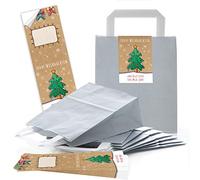Lot de 10 sacs cadeaux en papier kraft gris clair avec anse et fond 18 x 8 x 22 cm + 10 autocollants de Noël en papier de Noël
