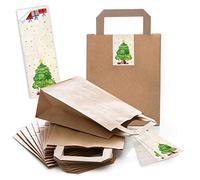 Lot de 10 sacs en papier kraft marron avec poignée et fond 18 x 8 x 22 cm + 10 autocollants de Noël BAUM rouge beige vert cadeau Noël bio naturel