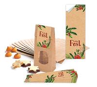 Lot de 100 petits sacs en papier kraft marron naturel avec fond fenêtre en parchemin 7 x 4 x 20,5 cm + 100 autocollants de Noël Mistel Branches de sapin rouge vert beige emballage cadeau