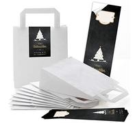 Lot de 100 sacs en papier kraft blanc naturel avec anse fond 18 x 8 x 22 cm + 100 autocollants FROHE WEIHNACHTEN DANKE KUNDEN BAUM noir or cadeau emballage bio