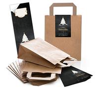 Lot de 100 sacs en papier Kraft marron avec anse et fond 18 x 8 x 22 cm + 100 autocollants FROHE WEIHNACHTEN DANKE KUNDEN BAUM noir blanc or emballage cadeau bio