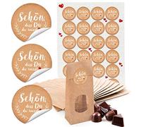 Lot de 24 petits sachets en papier kraft marron avec fond fenêtre et parchemin 7 x 4 x 20,5 cm + 24 autocollants Schön DASS DU DA Noir/beige et blanc Cœur rouge vintage emballage cadeau bio