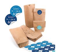 Lot de 24 petits sachets en papier kraft marron naturel 10,7 x 22 x 4,2 cm + 24 rondelles SCHÖN DASS DU DA BIST bleu blanc turquoise bleu turquoise bleu marine emballage cadeau