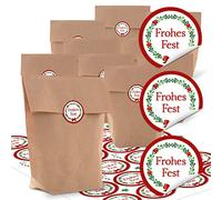 Lot de 24 petits sachets en papier kraft marron naturel 16,5 x 26 x 6,6 cm + 24 autocollants ronds de 4 cm FROHES FEST couronne rouge vert emballage cadeau de Noël