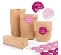 Lot de 24 petits sachets en papier kraft marron naturel 9 x 15 x 3,5 cm + 24 rondelles rondes de la marque DASS DU DA BIST rose rose blanc emballage miniature cadeau