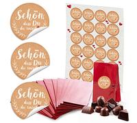 Lot de 24 petits sacs en papier avec fond et fond en parchemin 7 x 4 x 20,5 cm + 24 autocollants Schön DASS DU DA Noir/beige/blanc et cœur rouge vintage Emballage cadeau pour les pochettes
