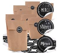 Lot de 24 petits sacs en papier marron naturel 16,5 x 26 x 6,6 cm + 24 autocollants ronds noirs blancs blancs MERCI DANKE français tableau craie emballage cadeau