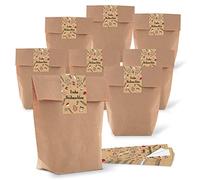 Lot de 25 petits sacs en papier marron naturel 16,5 x 26 x 6,6 cm + 25 autocollants de Noël LEBKUCHENMANN noir blanc rouge beige emballage cadeau de Noël bio