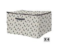 Lot de 4 housses de rangement polycoton L - 2 poignées - Motif Birds - Gris / blanc - 44x55x33cm