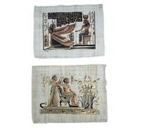 Lote 2 Papiros Egipcios Auténticos Hechos a Mano en Egipto - Diosas Maat y Hathor en Trono + Pareja de Tutankamón en el Nilo - Arte Egipcio Dorado y Negro 33x43 cm