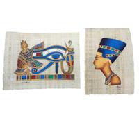 Lote 2 Papiros Egipcios Auténticos Hechos a Mano en Egipto - Reina Nefertiti y Ojo de Horus - Arte Egipcio Original Decorativo 18x23 cm