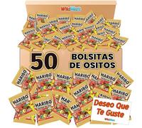 Lote 50 Mini Bolsitas Ositos de Oro Haribo con Tarjeta WikiMark "Deseo que Te Guste". Bolsitas de Gominolas Haribo Perfectas para Regalar en Cumpleaños, Halloween, Comuniones o Navidad.