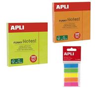 Lote APLI de notas adhesivas con índices flúor: 100 Notas adhesivas FUNNY 75 x 75 mm color verde Flúor (11899) + 100 Naranja Flúor (11900)+ Índices adhesivos en film de colores flúor (11912)