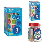 Lote APLI Kids de gomets redondos multicolor de 20 mm con temática abecedario (15126) y números (15127) + Letras y números transparentes colores surtidos para mesa de luz (17493)
