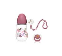 Lote biberón, chupete y pinza - Kiokids - Rosa - Coudée - Flujo lento - 250 ml - A partir de 6 meses - Caja de regalo