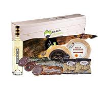 Lote Cesta Gourmet Empresas Navidad Cuacos de Yuste Jamón Ibérico Cebo 7,5 kg + Quesos Premiados + Embutidos Ibéricos + Vino Habla del Mar | CORAZON EXTREMEÑO