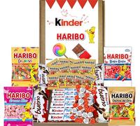 Lote Chocolates Kinder y Gominolas Haribo Regalo Cumpleaños. La Caja Contiene Chocolates, 4 Bolsas de Chuches Haribo de Cumpleaños + Bolsitas Minis. Kinder Bueno, Barritas de Chocolate y Schokobons.