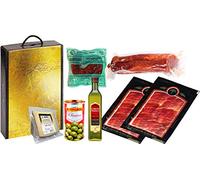Lote con Jamón Ibérico, Lomo Embuchado, Chorizos Jabuguitos, Queso Curado, Aceitunas y Aceite de Oliva Virgen Extra Hojiblanca D.O.