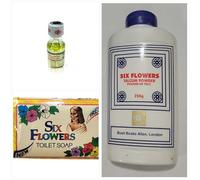 Lote de (1 aceite espiritual 18 ml, jabón espiritual 100 g, talco espiritual 250 g) seis flores