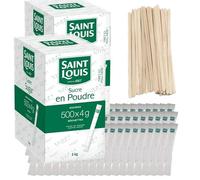 Lote de 1000 sobres de azúcar cristalizado SAINT LOUIS en palitos individuales de 4 g (2 kg x 2) con agitadores de madera - Ideal para bebidas calientes, cafés y tés - 2 cajas de 500 sobres
