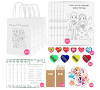 Lote de 12 kits de caja de regalo de boda infantil, 122 unidades, libros de desafíos fotográficos, bodas, niños, con lápices de colores, pegatinas y bolsas para regalar actividades tranquilas y
