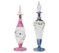 Lote de 2 Egipcios de Cristal Soplado - Frascos para Perfume y Aceites Esenciales - Esencieros Decorativos Hechos a Mano en Egipto - Botellas de Vidrio Artesanal 23-25 cm