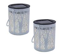 Lote de 2 farolillos solares blancos de metal sombreado árbol bosque juego de luz LED blanco cálido Forest H18 cm