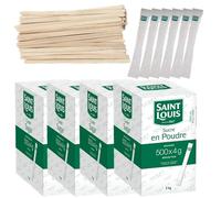 Lote de 2000 sobres de azúcar cristalizado SAINT LOUIS en palitos individuales de 4 g (2 kg x 4) con agitadores de madera - Ideal para bebidas calientes, cafés y tés - 4 cajas de 500 sobres