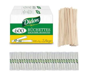 Lote de 2400 sobres individuales de azúcar de 4g (9.6 kg) con removedores de madera - Perfecto para café, té y otras bebidas calientes - azucar blanco