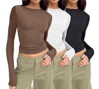 Lote de 3 camisetas para mujer Y2K camiseta de manga larga crop top bodycon cuello redondo camiseta de mujer de 3 piezas Unicolor, crop top deportivo femenino elástico simple lavable, café, M