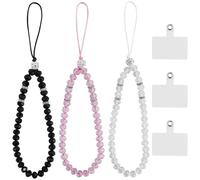 Lote de 3 cuerdas cortas para teléfono móvil, colgante con perlas y piedras de cristal natural, universal con 3 almohadillas, Weiß,Rosa,Schwarz, Piedra de cristal, No es una piedra preciosa