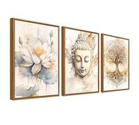 Lote de 3 Enmarcado Cuadro Moderno Árbol de la vida Buda Cuadro Decoracion Budismo Zen Flor de Loto Beige Pintura Imagen Cuadros Decorativos Salon Dormitorio Comedor Pasillo 40cmx60cm x3pcs