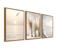 Lote de 3 Enmarcado Cuadro Moderno Costa Playa Mar Ola Cuadro Decoracion Boho Pampas Hierba Océano Puesta de sol Pintura Imagen Cuadros Decorativos Salon Dormitorio Comedor Pasillo 30cmx40cm x3pcs