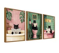 Lote de 3 Enmarcado Cuadro Moderno Gato Negro Divertido Cuadro Decoracion Rosa Verde Plantas Gatito Bañarse Pintura Imagen Póster Cuadros Decorativos Salon Baño Inodoro Bañera 40cmx60cm x3pcs