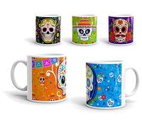 Lote de 4 Originales Tazas Desayuno de Cerámica "Catrina- Calaveras Mexicanas". Recuerdos. Vajillas. Regalos para Fiestas, Navidad, Reyes, Bodas, Bautizos y Comuniones.DC