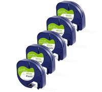 Lote de 5 cintas para etiquetadora compatible Dymo LetraTag LT-100H / LT-100H Plus/LT-100T /LT-100T Plus/2000/XM/XR/QX50 - Etiqueta plástica recarga 91201 12mm x 4m negro sobre blanco Phonillico®