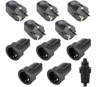 Lote de 5 pares de enchufes Schuko - 250 V - 16 A - Contacto de protección IP54 - 2 clavijas - De goma - Resistente al agua en el exterior - Negro - Toma Schuko y conector de goma sin cable