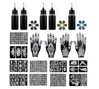 Lote de 5 plantillas para tatuajes de henna - Con 5 tintas y 14 hojas de plantillas con purpurina - Plantilla de tatuaje temporal - Para mujeres y niñas (B)