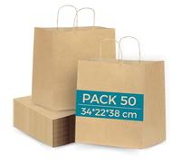 Lote de 50 bolsas de papel Kraft con asas 34x22x38 cm - Bolsas Take Away para comida para llevar, restauración y regalos de Navidad | Espirito Rebelde