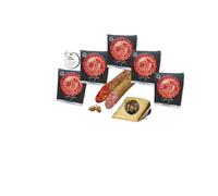 Lote de embutidos ibéricos: 5 sobres de jamón ibérico de cebo cortados a cuchillo, medias piezas de chorizo y salchichón ibérico de bellota y regalo cuña de queso artesanal