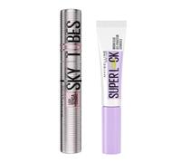 Lote de Maybelline New York Lash Sensational Sky Tubes Máscara, Very Black + Maybelline New York Super Lock Gel Fijador de Cejas Acabado Transparente