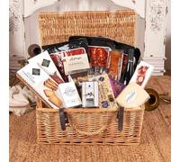 Lote de Navidad "Colección Gourmet" GOUR 425-25 Lote gourmet con vino Garnacha, ibéricos, queso curado, conservas premium, dulces artesanos y aceite de oliva en maleta de mimbre regalo