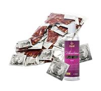 Lote de preservativos AMOR Premium y gel lubricante: compañeros ideales para el buen sexo. 100 preservativos Thin, 0,055 mm, Ø 53 mm + Play Gel med de Vibratissimo, 250 ml