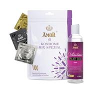 Lote de preservativos AMOR Premium y gel lubricante: compañeros ideales para el buen sexo. 100 preservativos Mix Special, Ø 53 mm, 5 variedades + Play Gel med de Vibratissimo, 250 ml