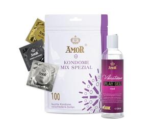 Lote de preservativos AMOR Premium y gel lubricante: compañeros ideales para el buen sexo. 100 preservativos Mix Special, Ø 53 mm, 5 variedades + Play Gel med de Vibratissimo, 250 ml