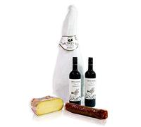 LOTE GOURMET CON PALETA SERRANA + VINOS, QUESO Y CHORIZO IBÉRICO Selección de embutidos y delicatessen presentación elegante regalo