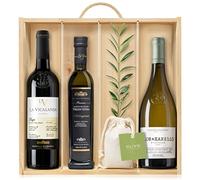 Lote Gourmet Regalo Excelence con árbol olivo natural para plantar, aceite de oliva virgen extra, vino tinto Reserva y vino blanco Xarel.lo en caja de madera