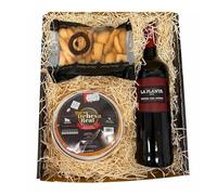 Lote para regalo con vino La Planta, queso de la serena Oro Noble para untar y picos en estuche de regalo