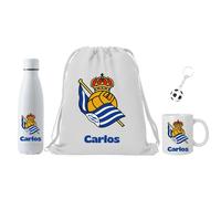Lote Real Sociedad Mochila + Botella termo + taza + llavero - (DEJAR NOMBRE EN CHAT O NOTAS) Escudo Real Sociedad + nombre